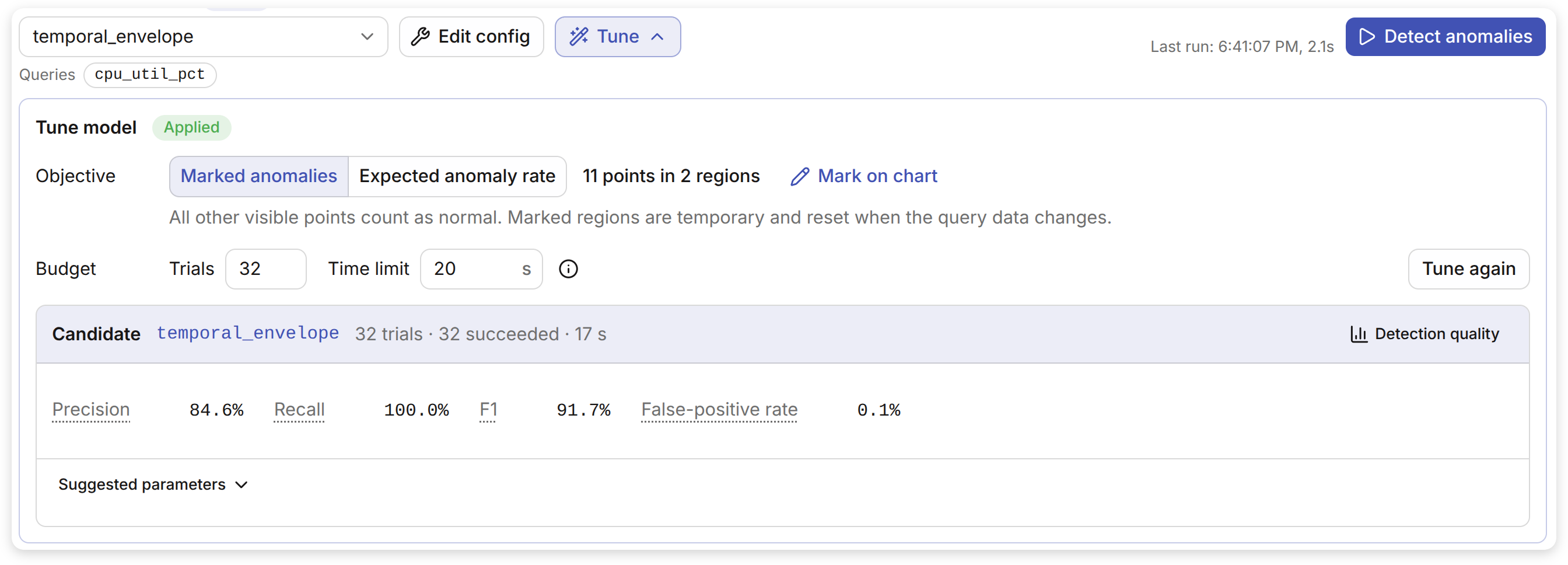 Tune model panel with objectives, trial budget, suggested candidate and detection-quality statistics
