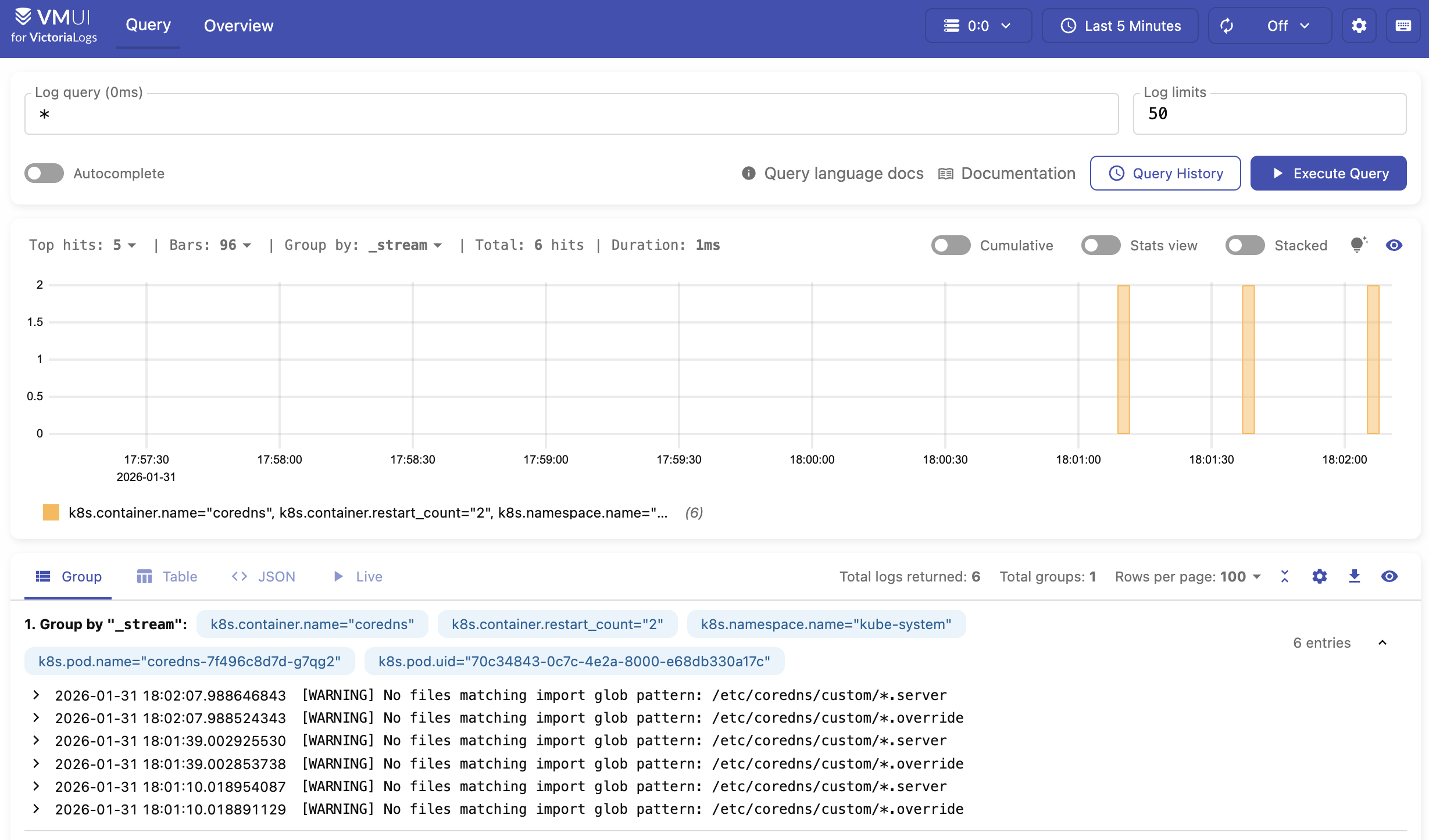 Screenshot of VMUI for VictoriaLogs confirming logs are being ingested