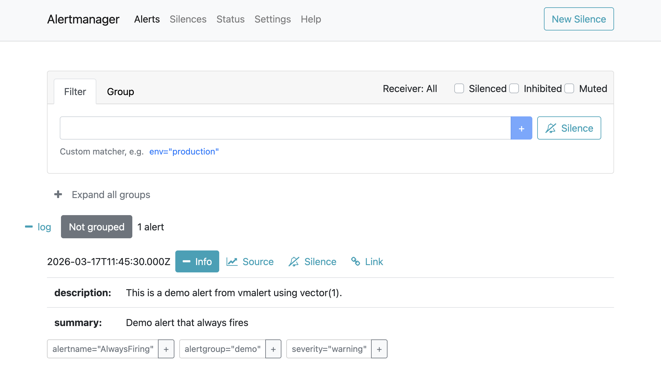 Screenshot of Alertmanager