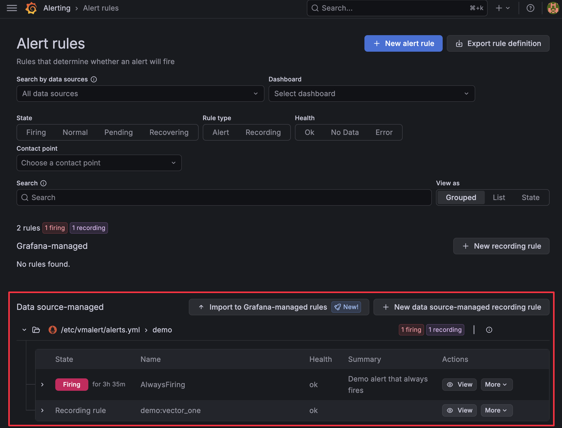 Screenshot of Grafana alert pane