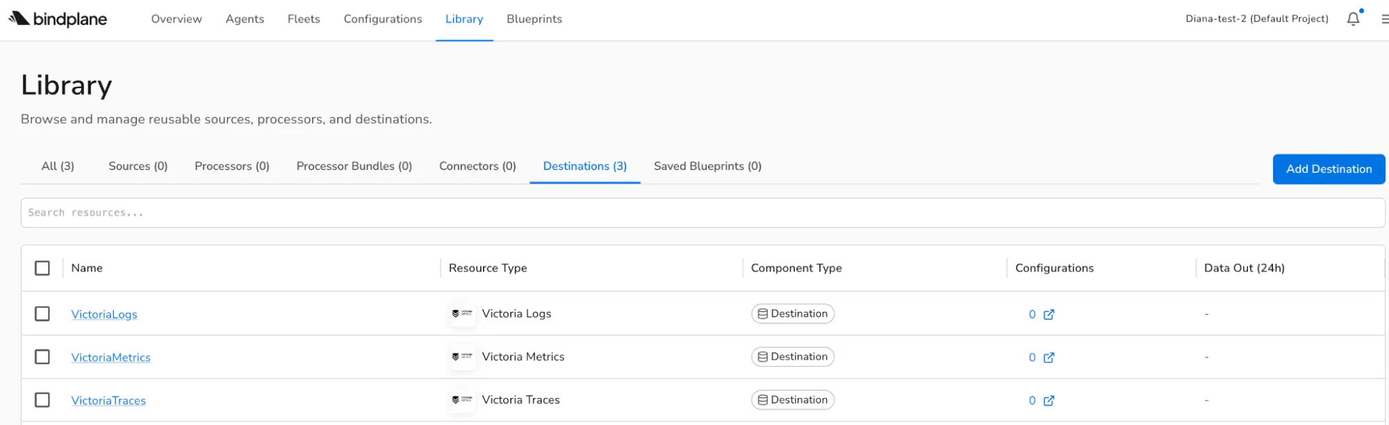 Bindplane Library view with Add Destination option for VictoriaLogs