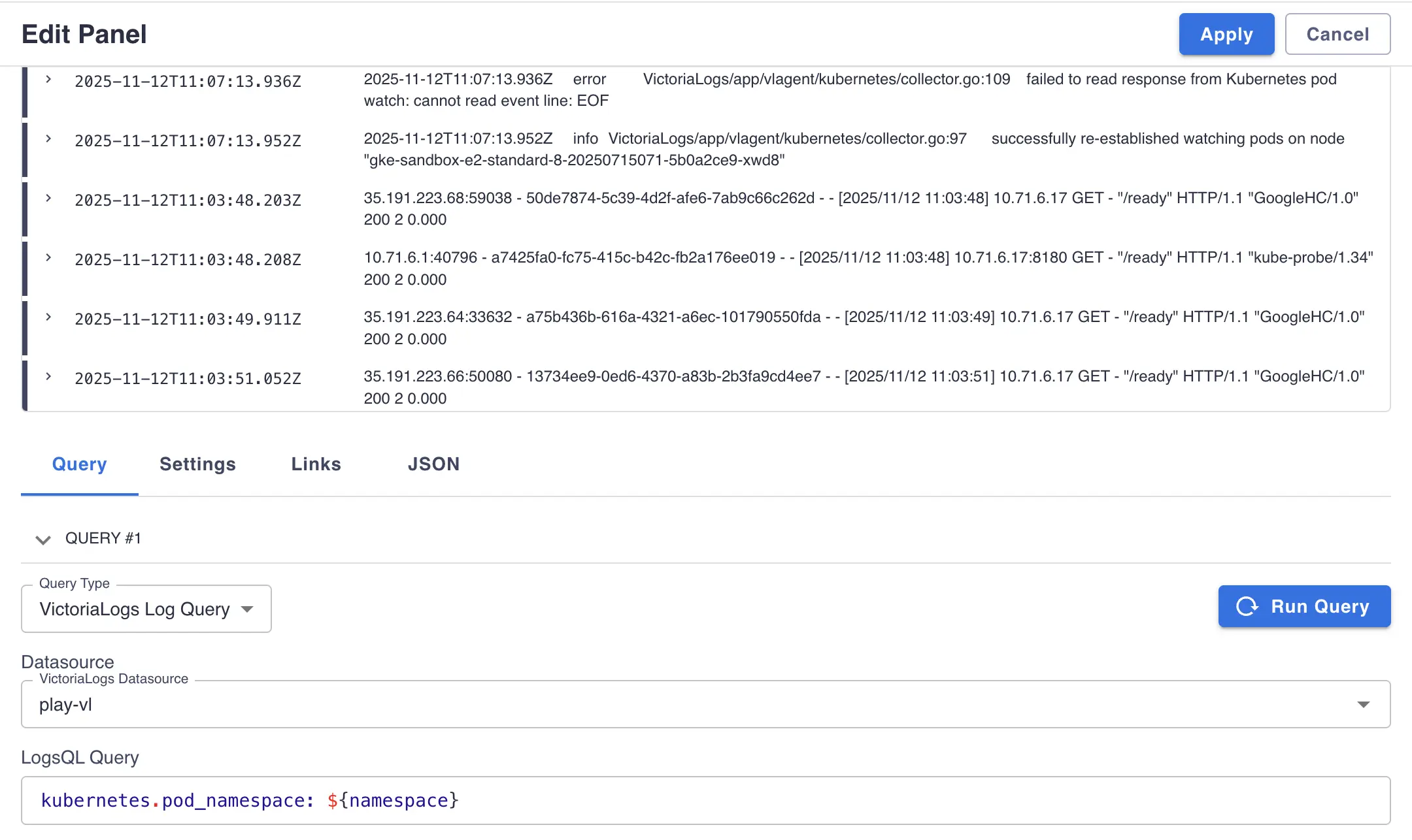 Build Logs panel using VictoriaLogs plugin